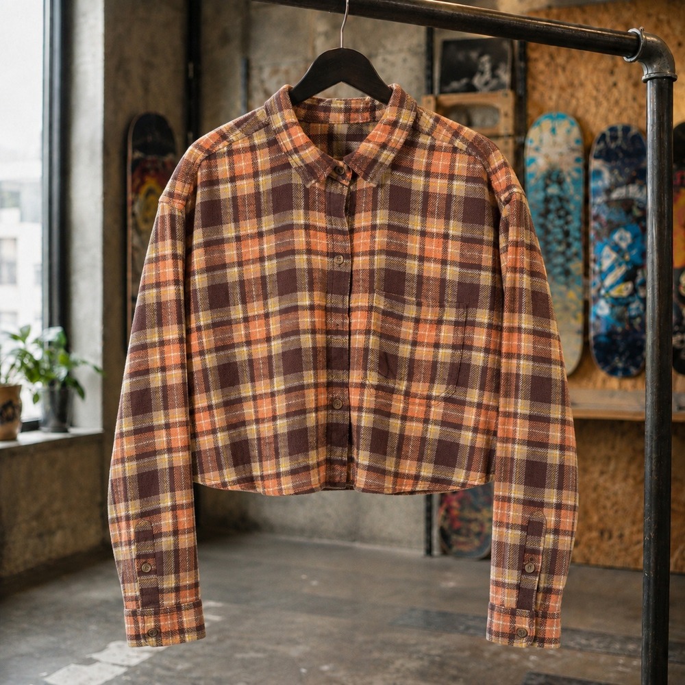 American Eagle Cropped Flannel Shirt Plaid Brown Orange XS Boxy Fit Grunge